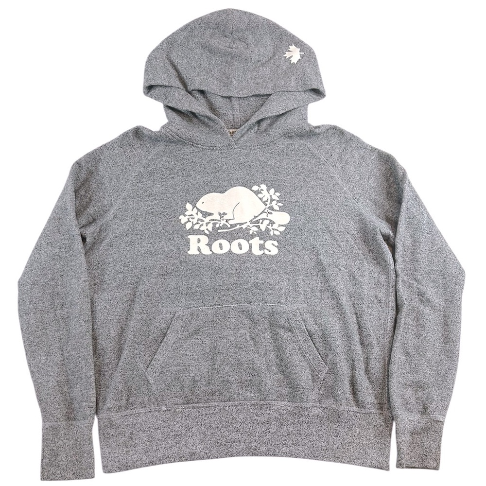 Roots Canada Beaver Logo Hoodie Gray White Pullover‎ Sweatshirt Size Large